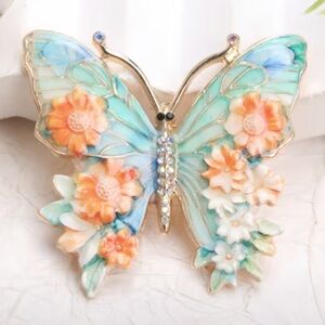 Green Blue & Orange Butterfly Brooch with Flowers Women’s Jewelry NWT
